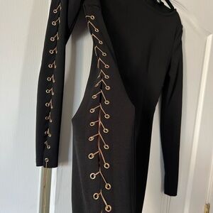 NWT Pretty Little Thing Black Mini Chain Slit Long Sleeve Black Dress